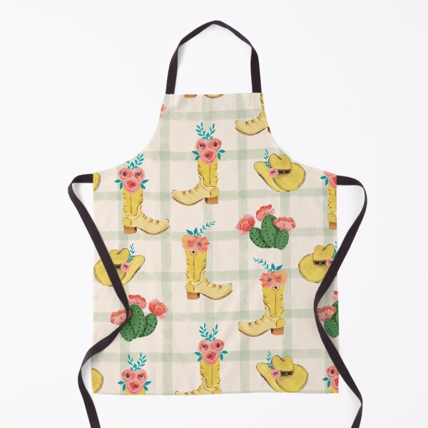 Item preview, Cowgirl boots and cowgirl hats and dessert blooming cacti on a soft green plaid and beige background designed and sold by JasmineGDesigns.