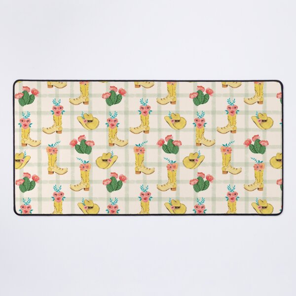 Item preview, Cowgirl boots and cowgirl hats and dessert blooming cacti on a soft green plaid and beige background designed and sold by JasmineGDesigns.