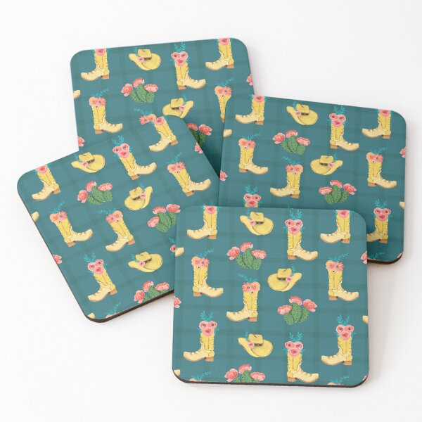 Item preview, Cowgirl boots and cowgirl hats and dessert blooming cacti on a soft green plaid and teal background designed and sold by JasmineGDesigns.