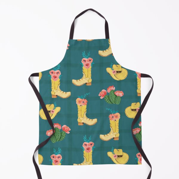 Item preview, Cowgirl boots and cowgirl hats and dessert blooming cacti on a soft green plaid and teal background designed and sold by JasmineGDesigns.