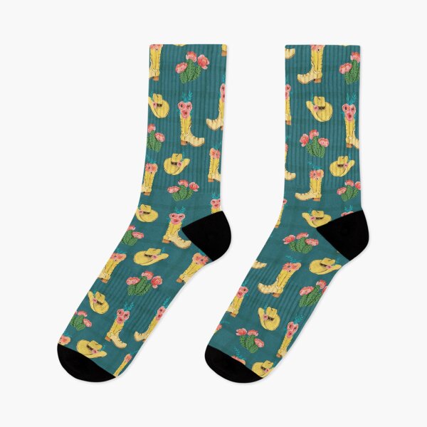 Item preview, Cowgirl boots and cowgirl hats and dessert blooming cacti on a soft green plaid and teal background designed and sold by JasmineGDesigns.
