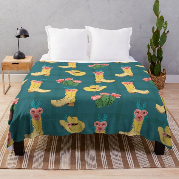Item preview, Cowgirl boots and cowgirl hats and dessert blooming cacti on a soft green plaid and teal background designed and sold by JasmineGDesigns.