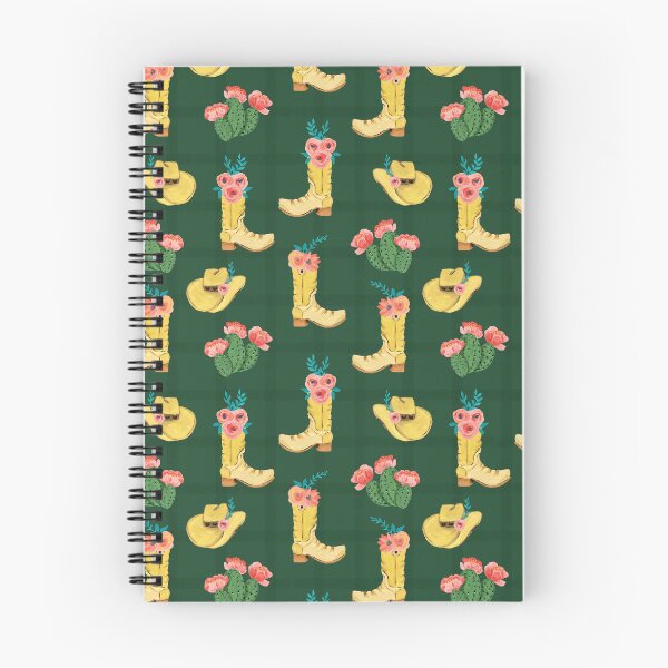 Item preview, Cowgirl boots and cowgirl hats and dessert blooming cacti on a soft green plaid and forest green background designed and sold by JasmineGDesigns.