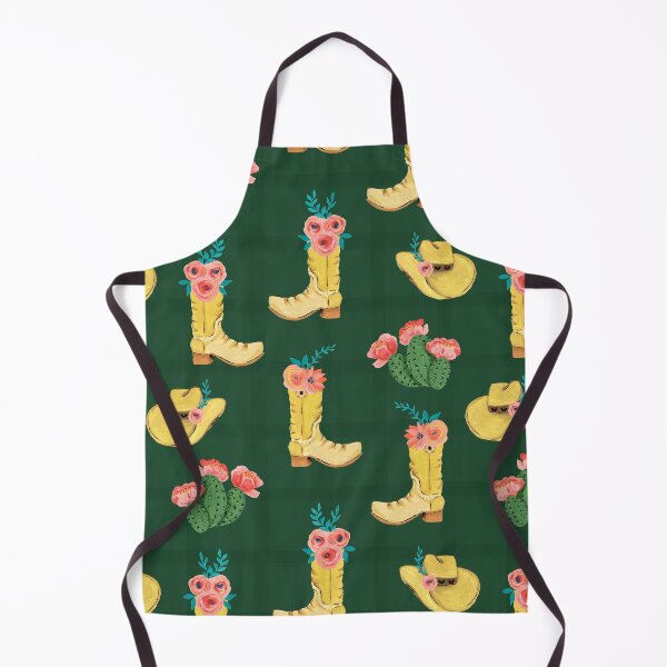 Item preview, Cowgirl boots and cowgirl hats and dessert blooming cacti on a soft green plaid and forest green background designed and sold by JasmineGDesigns.
