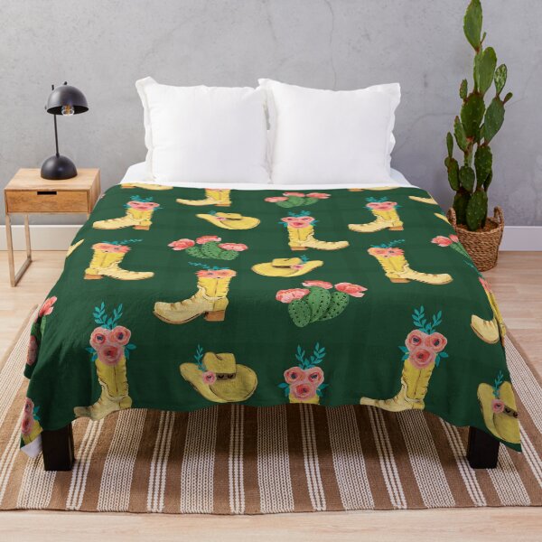 Item preview, Cowgirl boots and cowgirl hats and dessert blooming cacti on a soft green plaid and forest green background designed and sold by JasmineGDesigns.