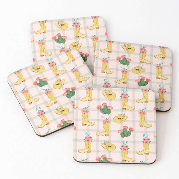 Item preview, Cowgirl boots and cowgirl hats and dessert blooming cacti on a soft green plaid and light pink background designed and sold by JasmineGDesigns.