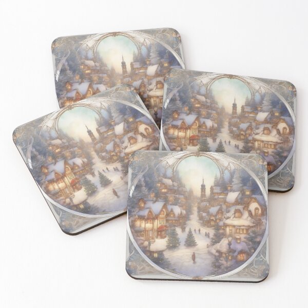 Item preview, Christmas Village in Morning Snow with Art Nouveau Border designed and sold by gamgees.