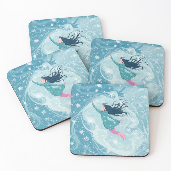 Item preview, A cute girl in winter clothes and boots is flying against the background of swirling snow.  designed and sold by HEMRO.