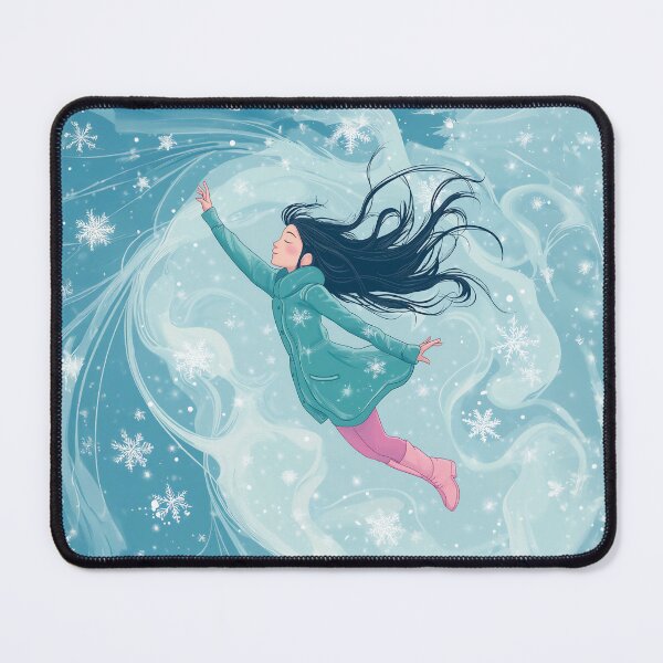 Item preview, A cute girl in winter clothes and boots is flying against the background of swirling snow.  designed and sold by HEMRO.