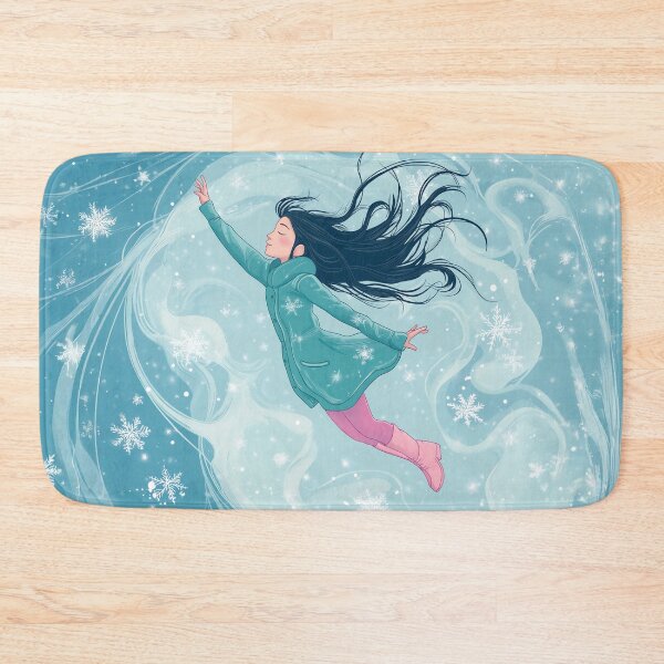 Item preview, A cute girl in winter clothes and boots is flying against the background of swirling snow.  designed and sold by HEMRO.