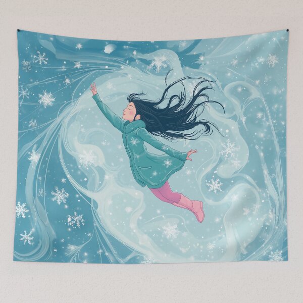 Item preview, A cute girl in winter clothes and boots is flying against the background of swirling snow.  designed and sold by HEMRO.