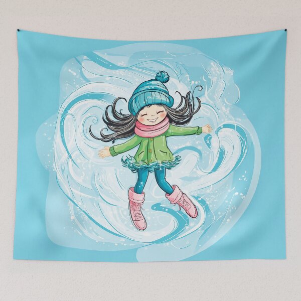 Item preview, A cute girl in winter clothes and boots is flying against the background of swirling snow.  designed and sold by HEMRO.