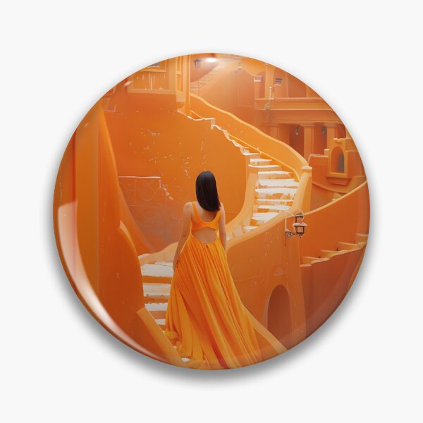 Item preview, Woman in orange dress on surreal orange staircase designed and sold by Artessie.