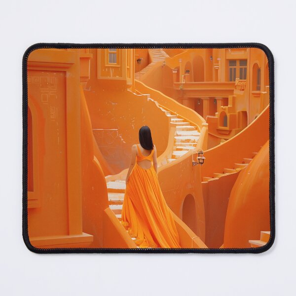 Item preview, Woman in orange dress on surreal orange staircase designed and sold by Artessie.