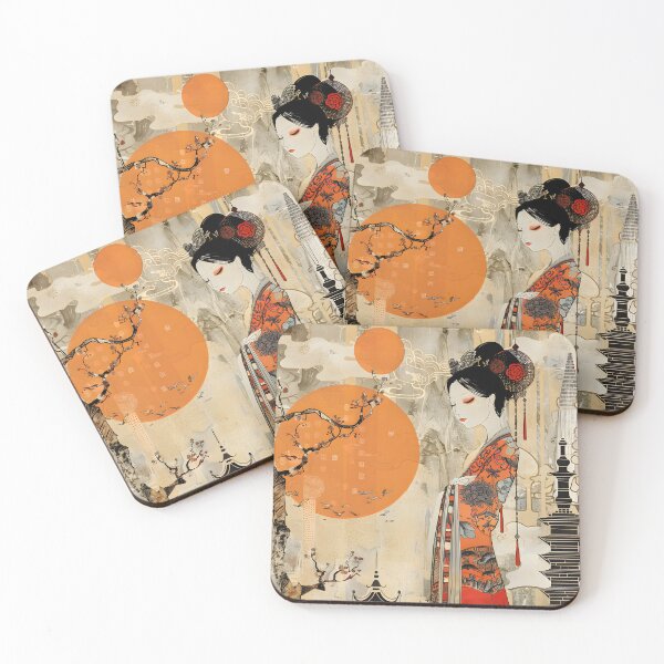 Item preview, Elegant woman with floral robe in urban landscape art designed and sold by Artessie.
