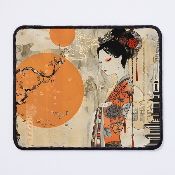 Item preview, Elegant woman with floral robe in urban landscape art designed and sold by Artessie.
