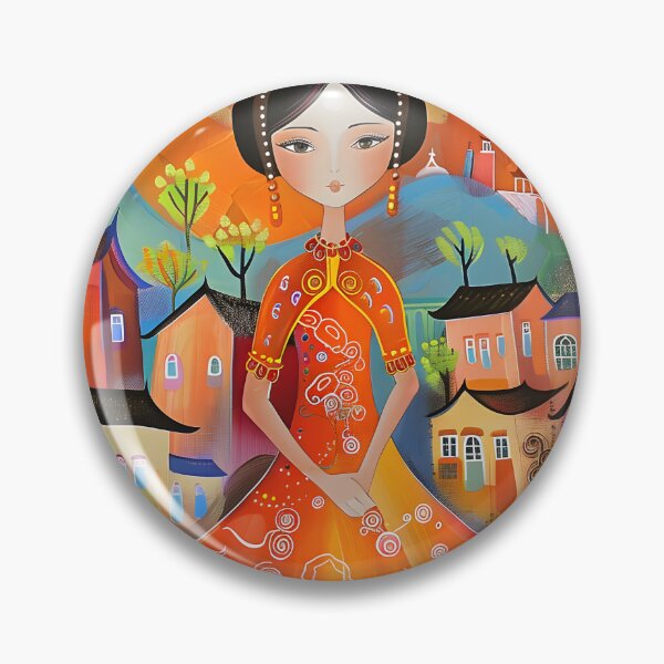 Item preview, Colorful village scene with elegant woman in orange dress designed and sold by Artessie.