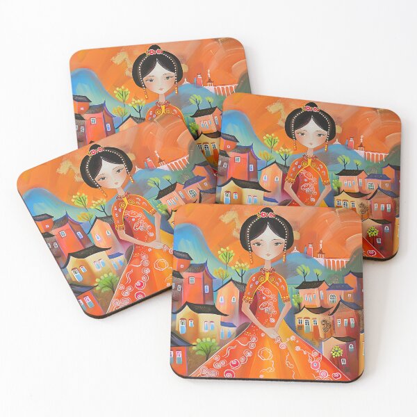 Item preview, Colorful village scene with elegant woman in orange dress designed and sold by Artessie.