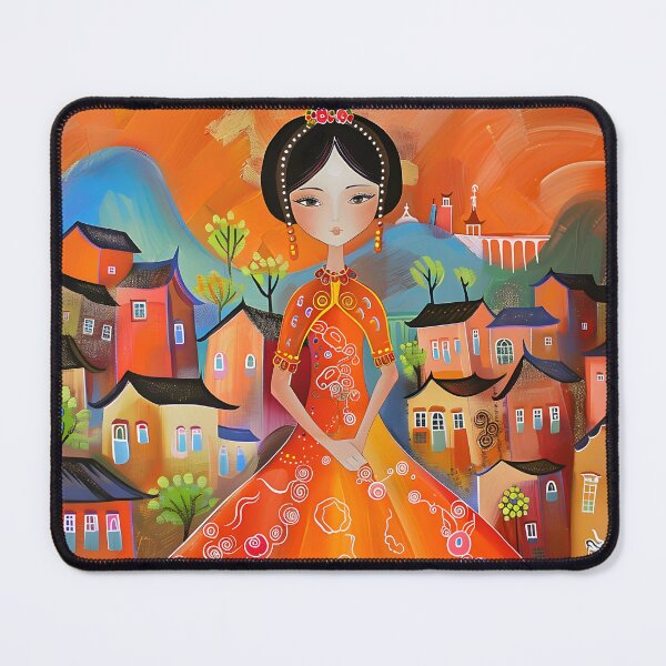 Item preview, Colorful village scene with elegant woman in orange dress designed and sold by Artessie.