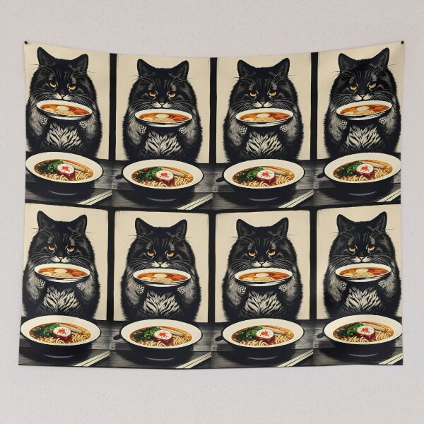 Item preview, Intense Black Cat Serving Ramen Illustration designed and sold by Cherry-Cat.