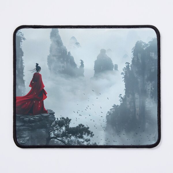 Item preview, Woman in red dress gazing from a mountain cliff edge designed and sold by Artessie.