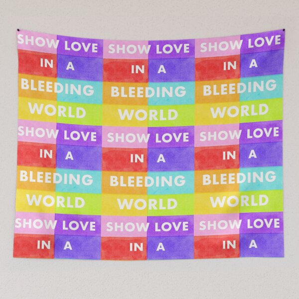 Item preview, Show Love In A Bleeding World Rainbow Spectrum Patchwork Queer Risograph Print designed and sold by fancysarah.