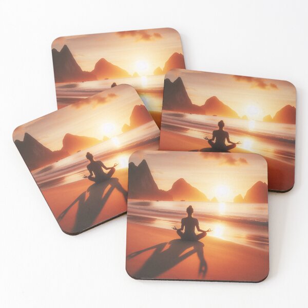 Item preview, A person meditates on a serene beach at sunset, with mountains in the background and a calm sea reflecting the golden light designed and sold by homydesign.
