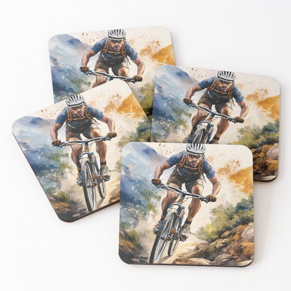 Item preview, A mountain biker in action, riding down a rocky trail with dynamic splashes of color and a scenic mountain backdrop designed and sold by homydesign.