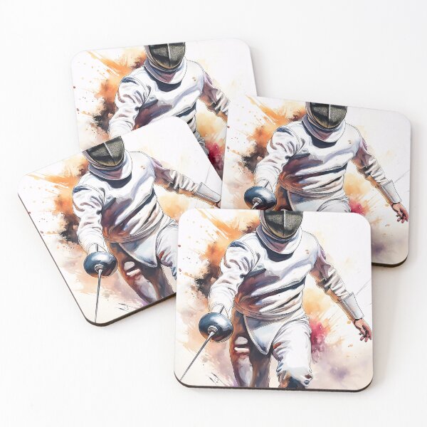 Item preview, A dynamic illustration of a fencer in action, with vibrant splashes of color in the background, showcasing the intensity and artistry of the sport designed and sold by homydesign.
