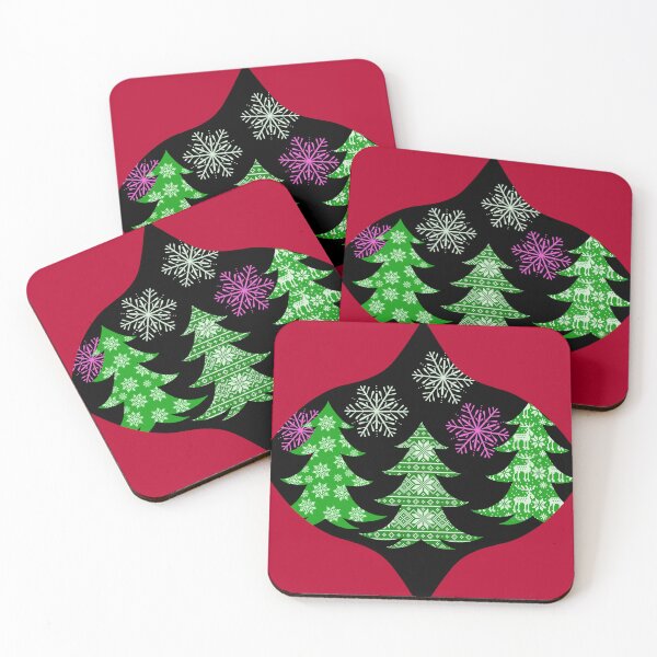 Item preview, Red Green Christmas Decorations with Decorated Christmas trees and Snowflakes / Christmas Balls Red Green Hand Drawn designed and sold by Victoria Rose.