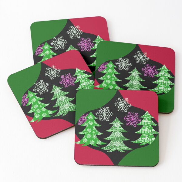 Item preview, Red Green Christmas Decorations with Decorated Christmas Trees and Snowflakes / Christmas Balls Red Green Hand Drawn designed and sold by Victoria Rose.