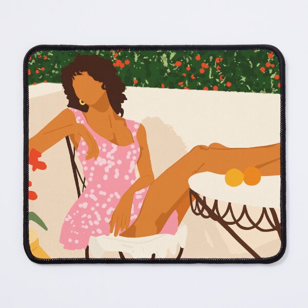 Artikelvorschau, Sommertraum, Sommerstimmung im mediterranen Stil, entspanntes Leben auf der sonnenbeschienenen Terrasse, rosa Kleid im Boho-Chic-Stil, üppiger Garten in warmen Tönen, abstraktes Terrassenleben-Portrait entworfen und verkauft von Kintsugi99.