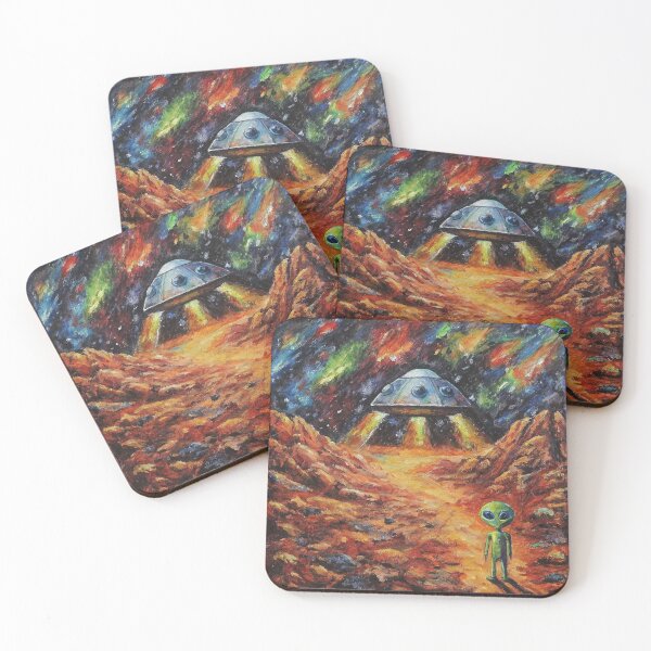 Item preview,  A small alien stands on a rocky landscape beneath a glowing UFO in a cosmic sky. designed and sold by PholPol1959.