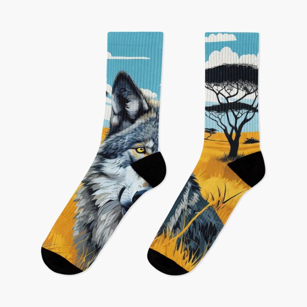 Item preview, Gray Wolf With Yellow Eyes In Savanna Landscape Illustration designed and sold by estampavibe.