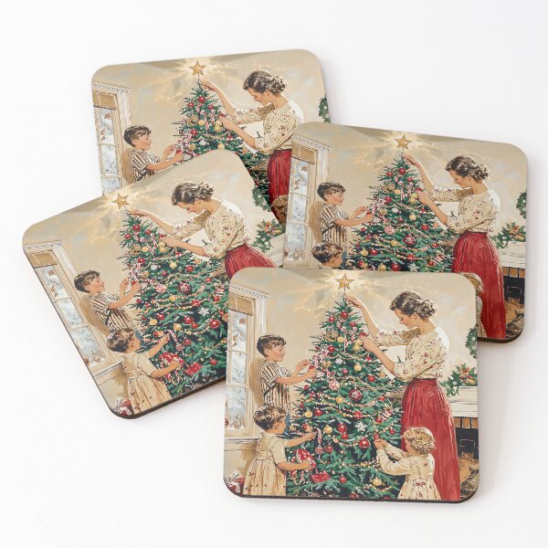 Item preview, Vintage Christmas Card Illustration of Mother Decorating Tree with Children designed and sold by jordygraph.