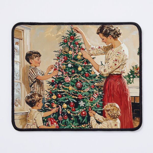 Item preview, Vintage Christmas Card Illustration of Mother Decorating Tree with Children designed and sold by jordygraph.