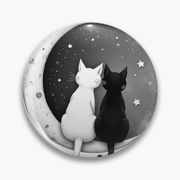 Item preview, Two cats, one white and one black, sit  side-by-side on a crescent moon designed and sold by 1081900shop.