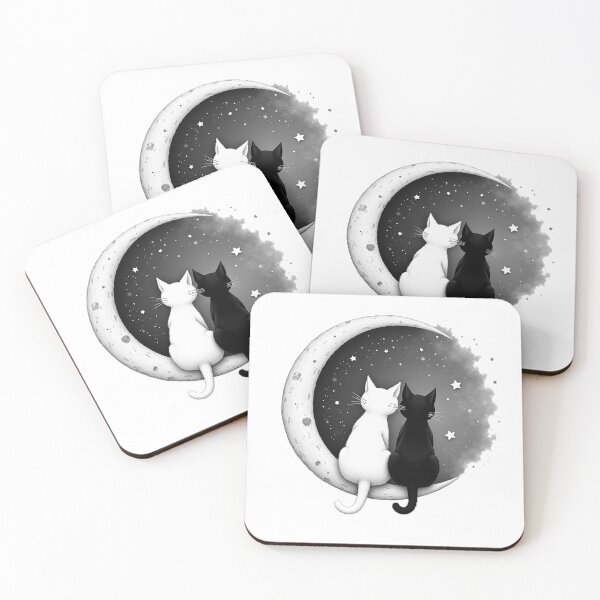 Item preview, Two cats, one white and one black, sit  side-by-side on a crescent moon designed and sold by 1081900shop.