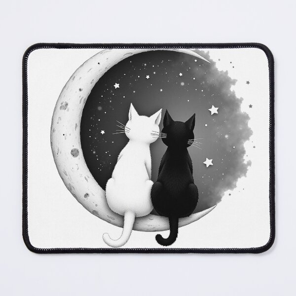 Item preview, Two cats, one white and one black, sit  side-by-side on a crescent moon designed and sold by 1081900shop.