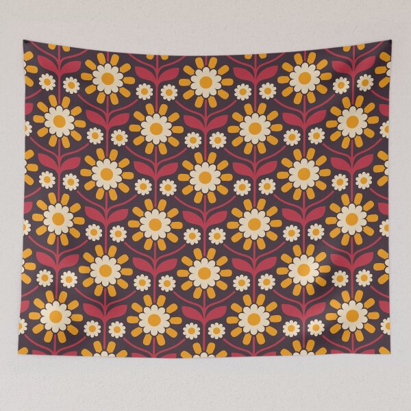 Item preview, KF 0321 B - Vintage Retro 70s Daisies Floral Pattern in Red Yellow Brown designed and sold by KhakiFinch.