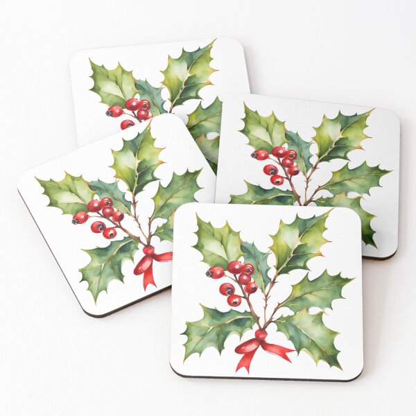 Item preview,   Holly Watercolor Minimalist Florals Pattern  Green Red ,Christmas  Romantic Elegant Pattern designed and sold by KolorellaS.