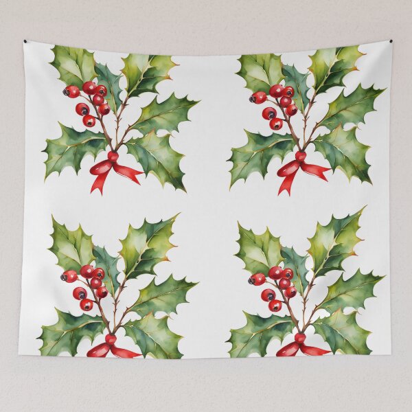 Item preview,   Holly Watercolor Minimalist Florals Pattern  Green Red ,Christmas  Romantic Elegant Pattern designed and sold by KolorellaS.