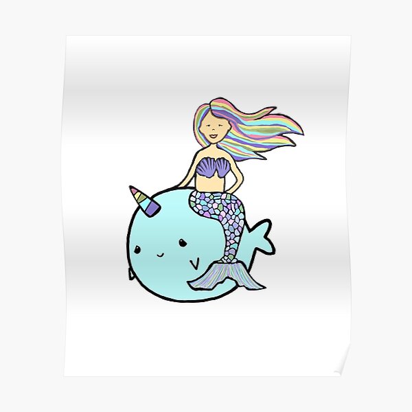 Mermaid with Rainbow Hair Riding Pet Narwal Poster