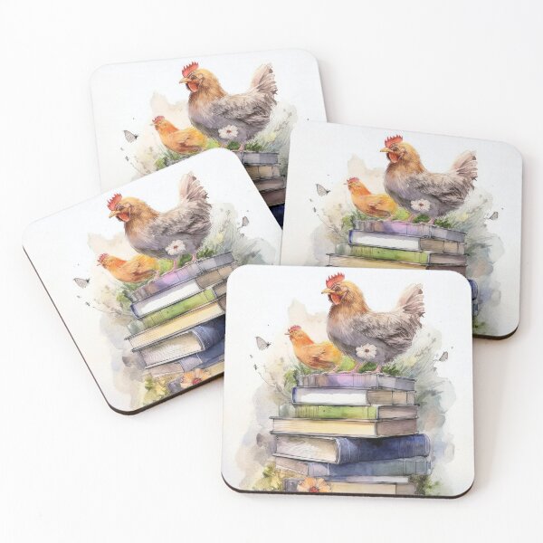 Item preview, Farm decor,  farmhouse art, chicken and butterflies painting,  farm  animal,  watercolor painting,  floral, bookish, stack of books designed and sold by navitalidesign.