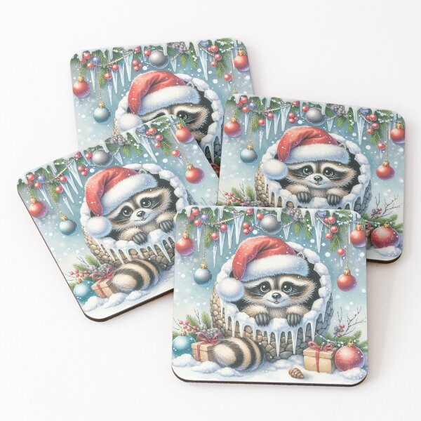 Item preview, Raccoon in Santa's hat. Presents and baubles and icicles. designed and sold by MagelliShop.
