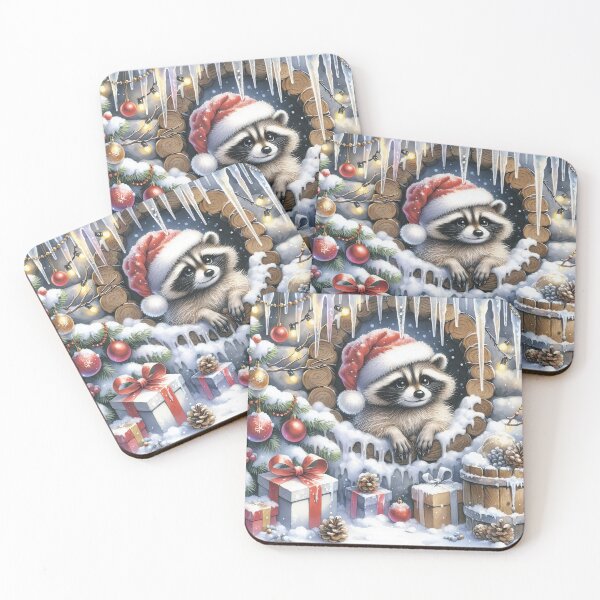 Item preview, Raccoon in Santa's hat. Presents and baubles and icicles. designed and sold by MagelliShop.