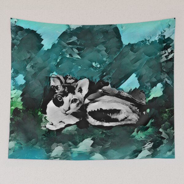 Item preview, TEAL,TURQUOISE,GREEN, BLUE AND GREY CORNISH-REX IN LEAVES AND GRASS designed and sold by Most1234.