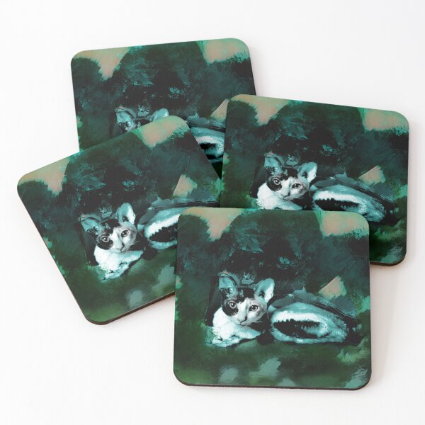 Item preview, DARK TEAL, DARK GREEN, SAGE GREEN, WATER BLUE, PALE BLUE AND LIGHT ROSE PINK CORNISH-REX IN LEAVES AND GRASS designed and sold by Most1234.