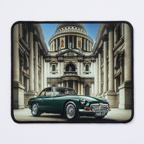 Item preview, "Classic British Elegance: The MGB GT Meets Architectural Majesty" designed and sold by philpace.
