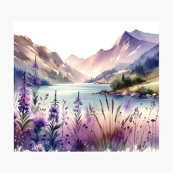 Item preview, Mountain Landscape with lake and Wildflowers purple Watercolor designed and sold by Magic-wall-art.